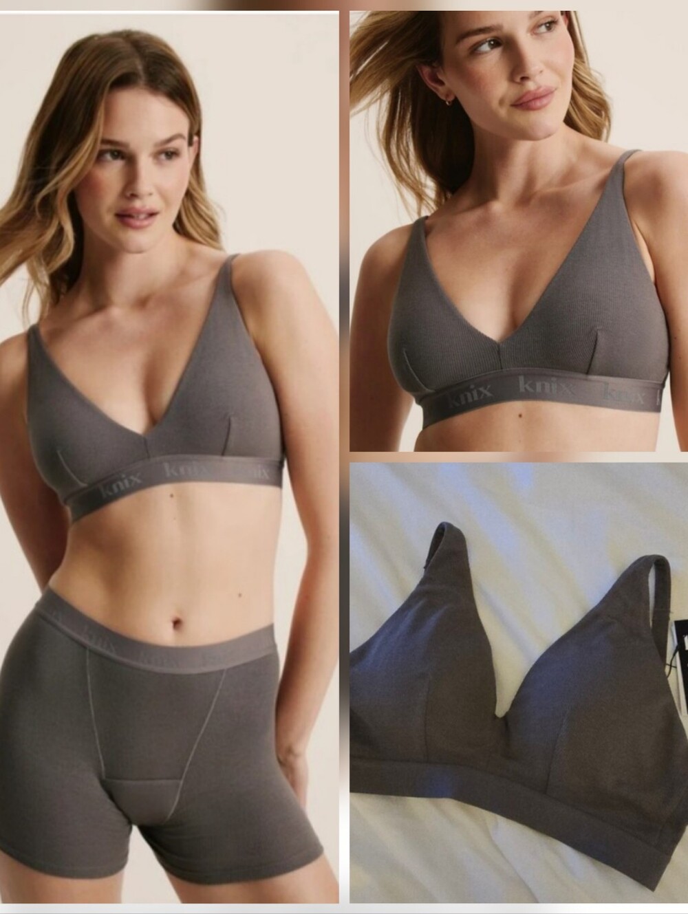 NWT knix Logo Modal Rib Bralette L+ Grey